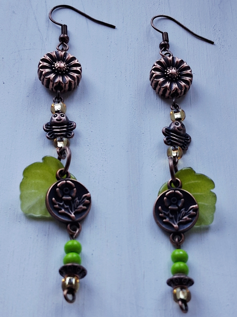 Green Leaf and Floral Copper Drop Earrings